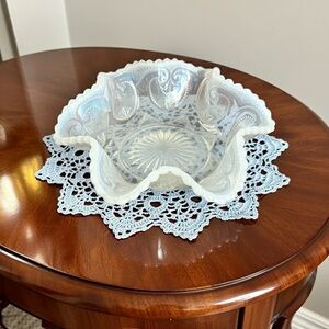 Vtg Dugan Jeweled Heart Glass Opalescent Ruffled Edge Berry Bowl Trinket Dish 6’